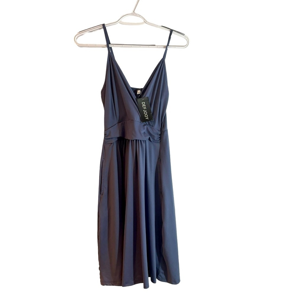 👗 DEFJOOY Ajustable Blue Grey Small Dress with pockets Polyester 💯 NEW+ Tag 👗